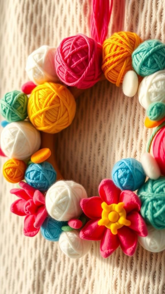 Yarn pom-poms and felt flowers playful ring