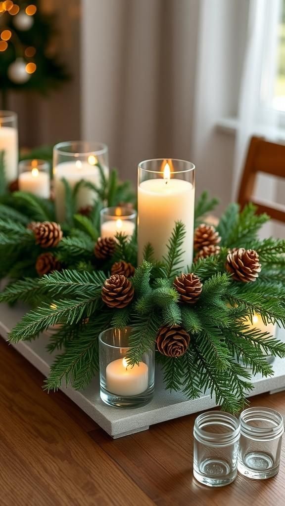 Cozy tabletop centerpiece with evergreens