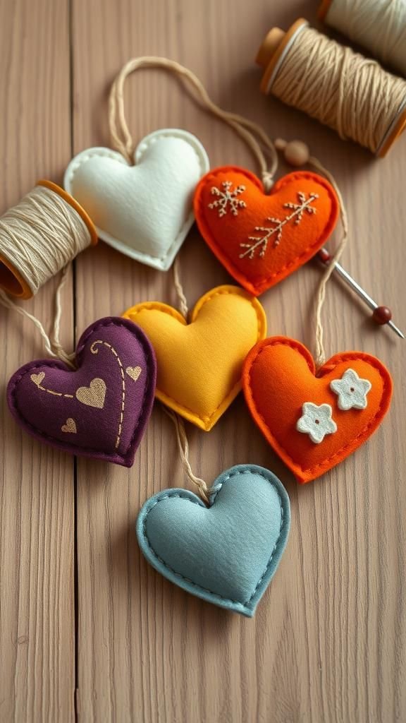 Hand-sewn felt heart ornaments with blanket stitch