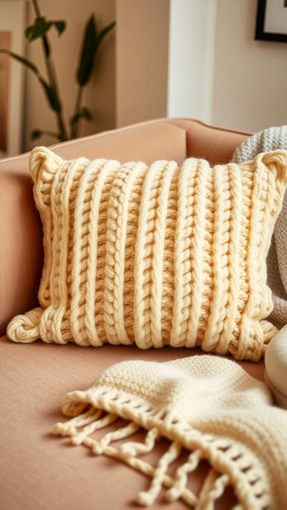 Knitted throw pillow with oversized stitches