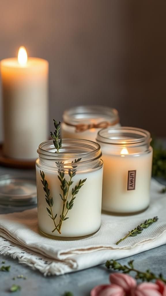 Soy jar candles with pressed herbs on the glass