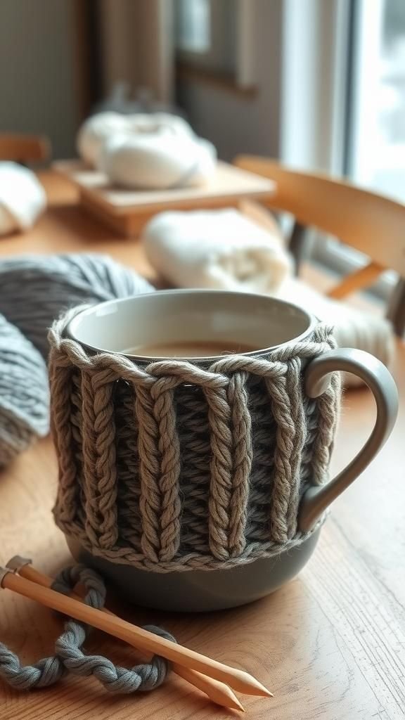 Textured knit mug cozies for slow sips