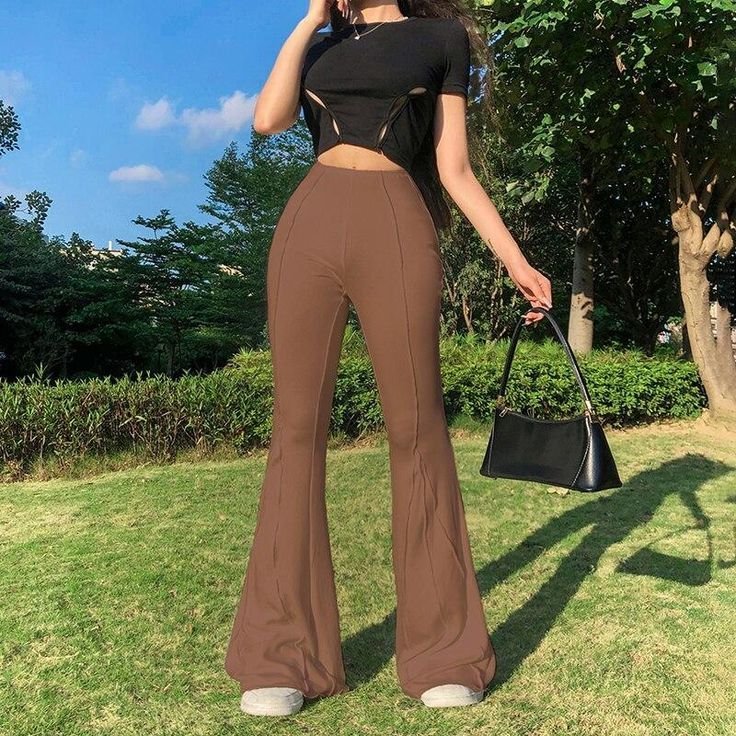 CALÇA SKINNY FLARE DE CINTURA ALTA DA MODA - Marrom / G CALÇA SKINNY FLARE DE CINTURA ALTA DA MODA - Marrom / G - conjunto de leggings flare marrom