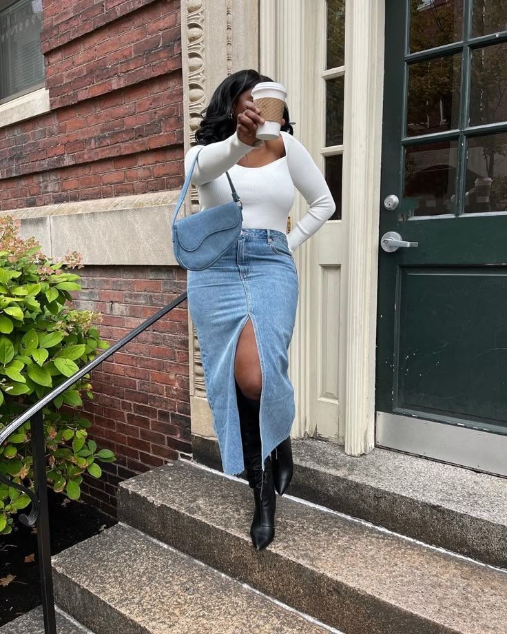 Inspiração para looks com saia longa jeans - looks com saia longa para o inverno
