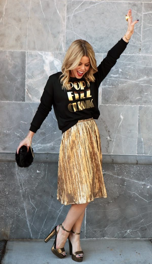 Xmas Done Chic: 5 Níveis de Trajes Festivos para o Natal Xmas Done Chic: 5 Níveis de Trajes Festivos para o Feriado - Conjunto com Saia Dourada