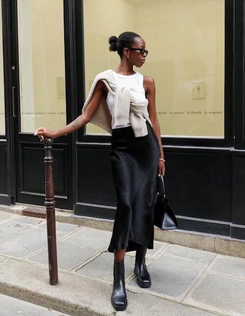O que vestir com saia de cetim [2024]: mais de 70 looks estilosos com saia de cetim para ficar na moda - look com saia de cetim para o inverno