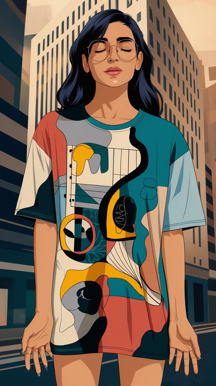 Una persona que viste una camiseta con un gráfico de arte abstracto en un entorno urbano.