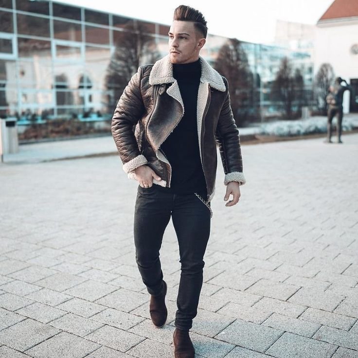 50 maneras elegantes de llevar un abrigo de piel de oveja: Consejos de moda para hombres [Imágenes] - Conjunto de chaqueta de aviador