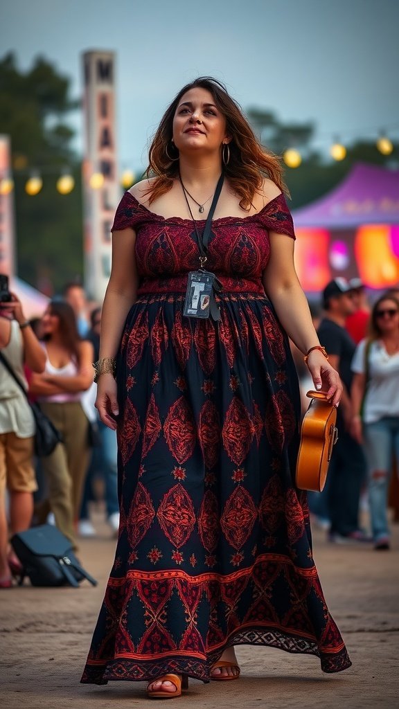 Uma mulher vestindo uma saia longa de estilo boêmio e uma blusa tomara que caia em um festival.