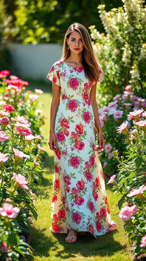 Uma mulher com um vestido longo floral em pé em um jardim cercada por flores.