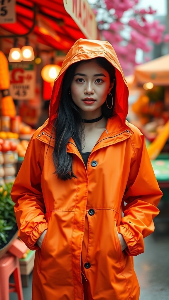 Una mujer que lleva una chaqueta impermeable de color naranja brillante parada en un mercado vibrante
