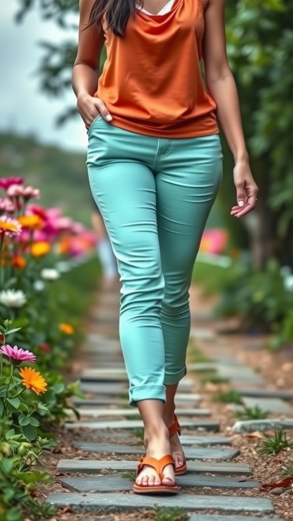 Uma mulher vestindo uma blusa laranja e uma calça capri verde-menta, caminhando por um caminho florido com sandálias.