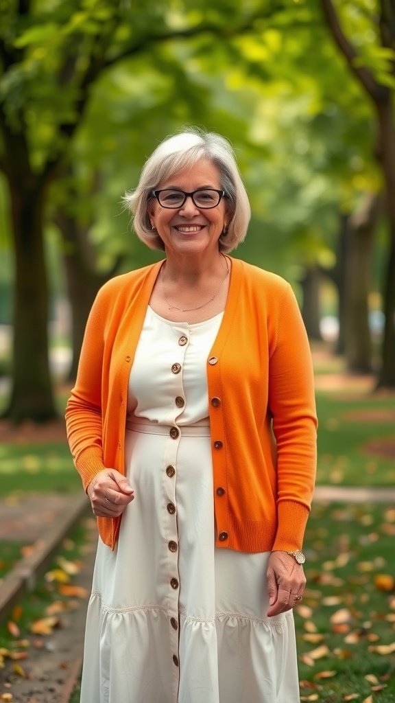 Uma mulher mais velha sorridente, vestindo um cardigã laranja sobre um vestido branco, em pé em um parque com árvores verdes.