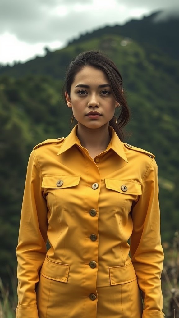 Una modelo con una chaqueta militar de color amarillo ranúnculo parada frente a un fondo de montaña verde.