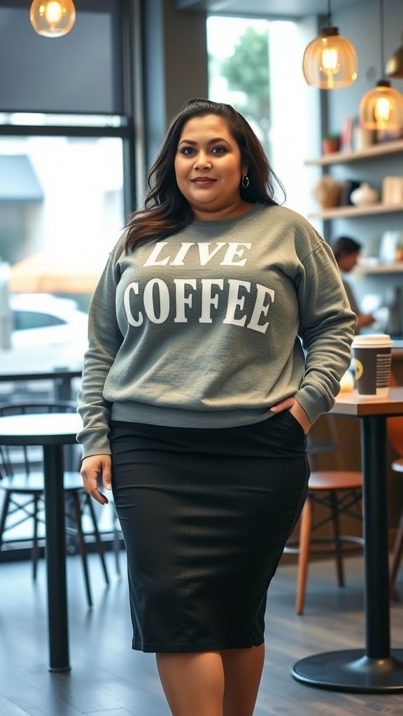 Uma mulher plus size vestindo um moletom cinza e uma saia lápis preta está em um café aconchegante, exalando um estilo casual chique.