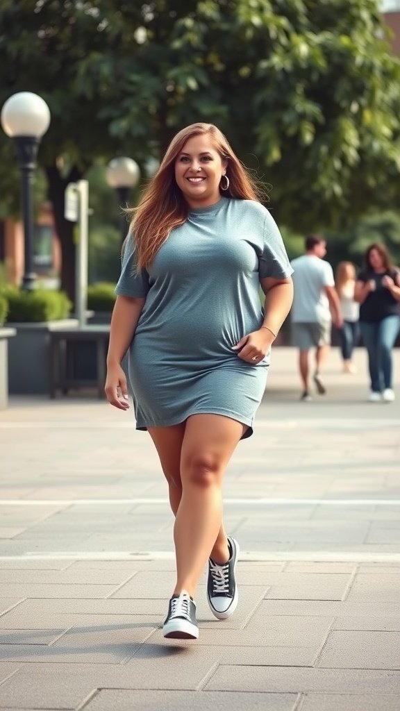 Una mujer sonriente con un vestido informal y zapatillas deportivas caminando en un entorno similar a un parque.