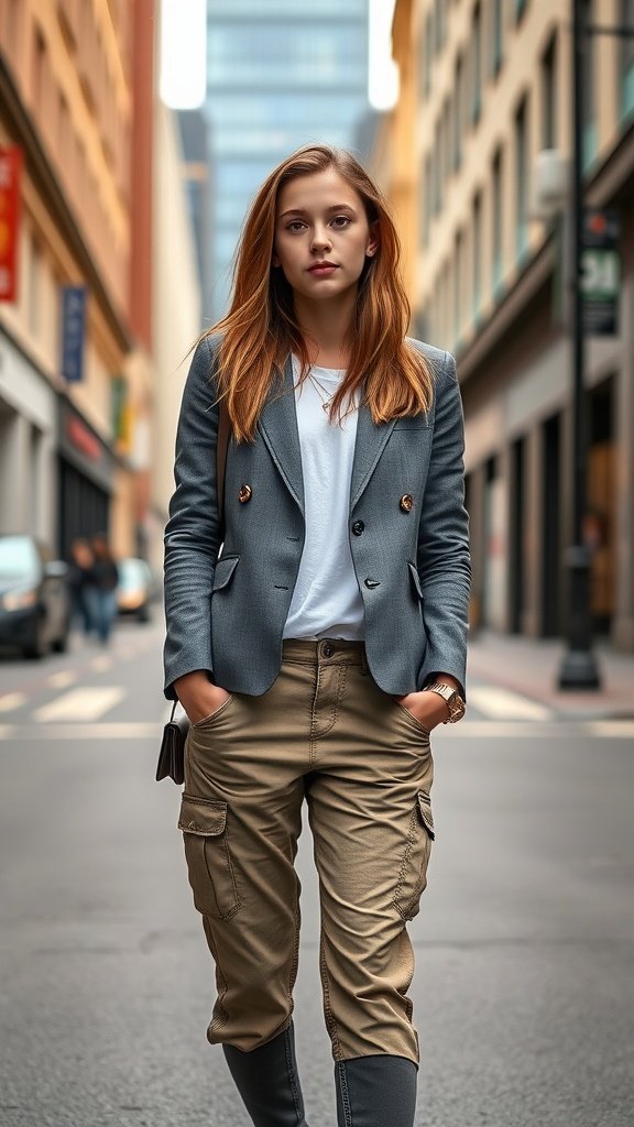 Chica adolescente con un blazer elegante y pantalones casuales caminando por la ciudad.