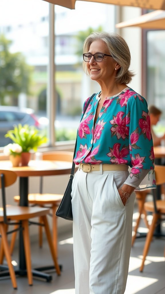 Uma mulher sorridente, vestindo uma blusa floral e calças de linho, está em um café.
