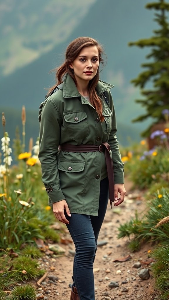 Una mujer vistiendo una elegante chaqueta verde oliva caminando por un sendero bordeado de flores en la naturaleza.