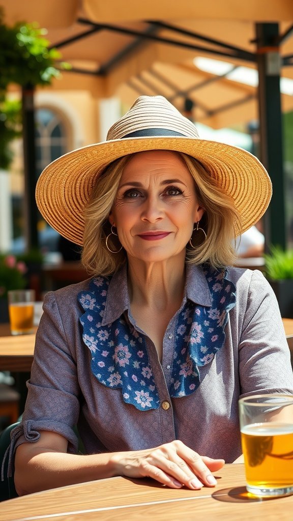 Uma mulher usando um elegante chapéu de aba larga, sentada em um café ao ar livre com uma bebida.