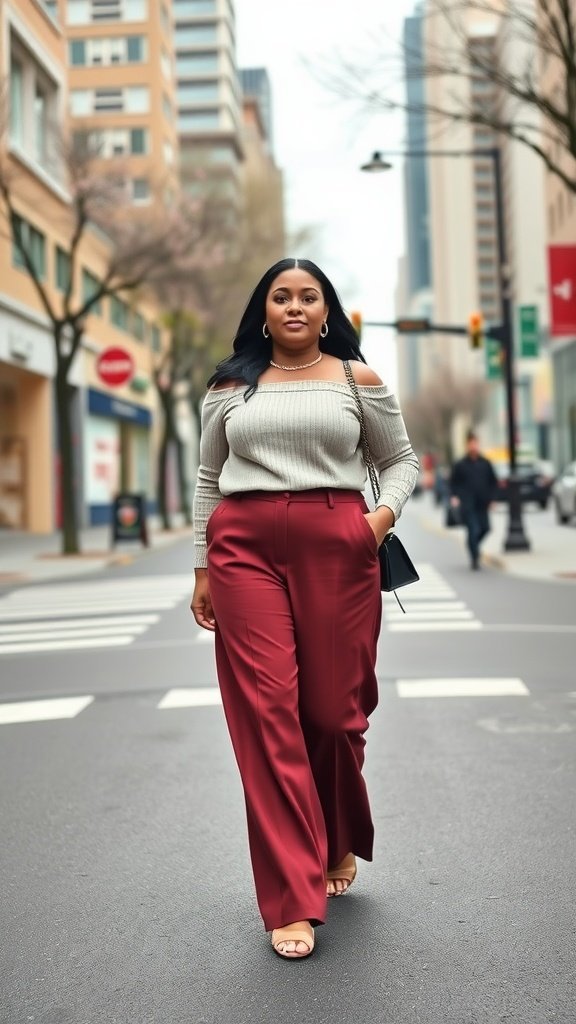 Una mujer camina con confianza por una calle de la ciudad vistiendo elegantes pantalones anchos y un top con hombros descubiertos.