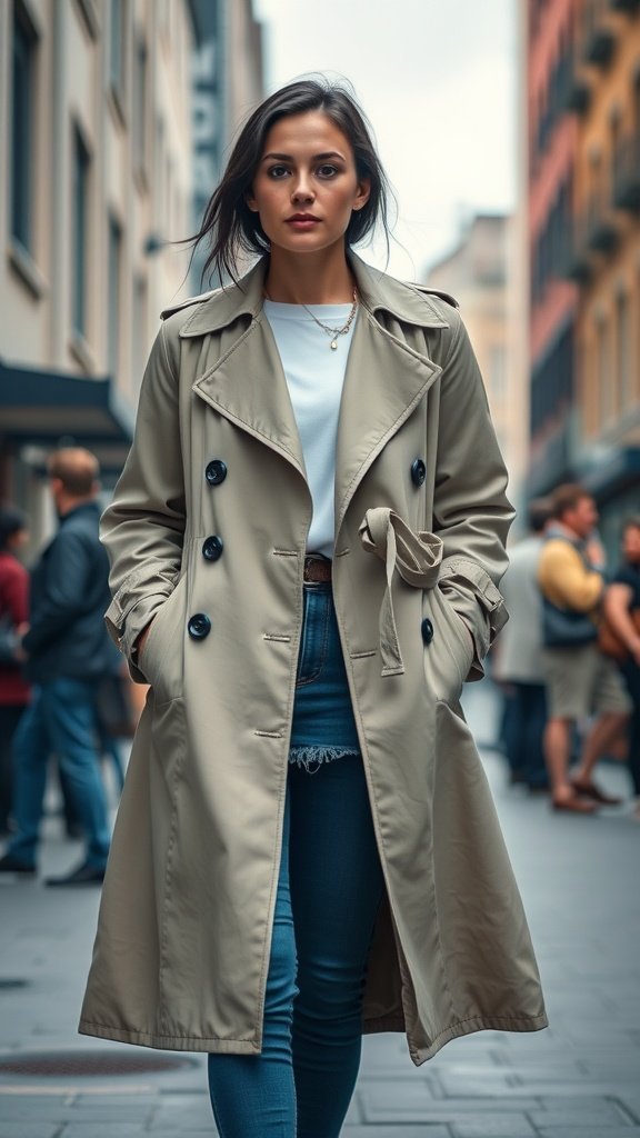 Uma mulher vestindo um sobretudo bege sobre uma camisa branca e jeans azul, caminhando em uma rua da cidade.