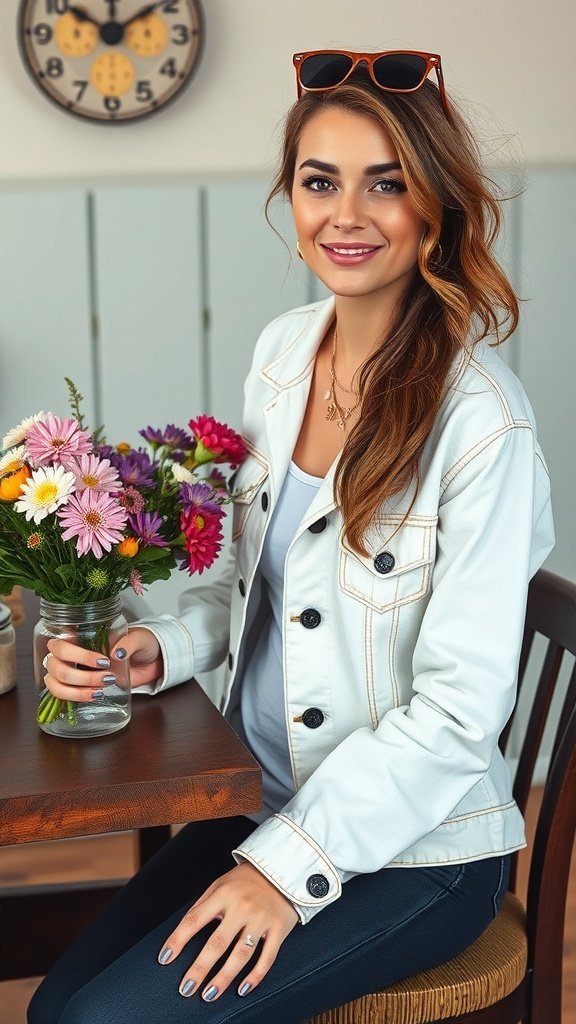 Una mujer sonríe mientras viste una clásica chaqueta vaquera blanca y sostiene un jarrón de flores de colores.