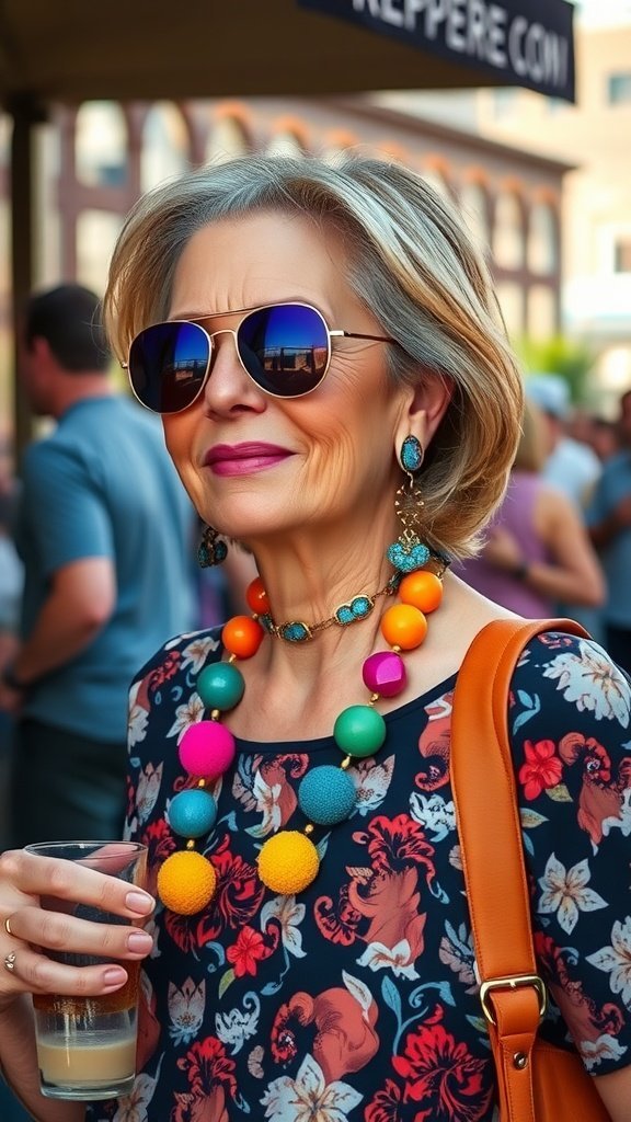 Uma mulher usando acessórios coloridos, incluindo um colar ousado e óculos de sol, segurando uma bebida.
