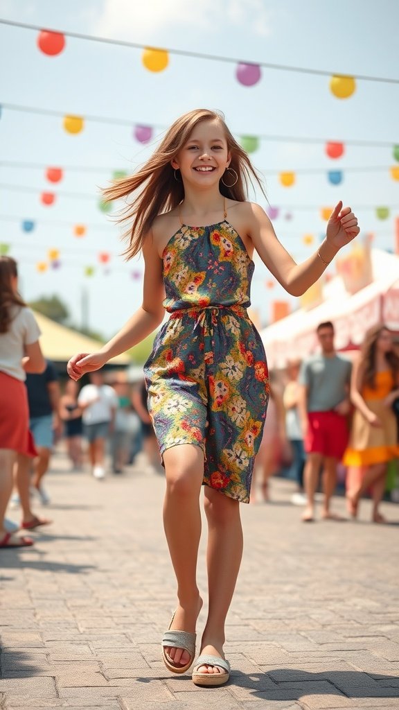 Una niña con un mono floral colorido y alpargatas, sonriendo mientras camina en un entorno festivo al aire libre.