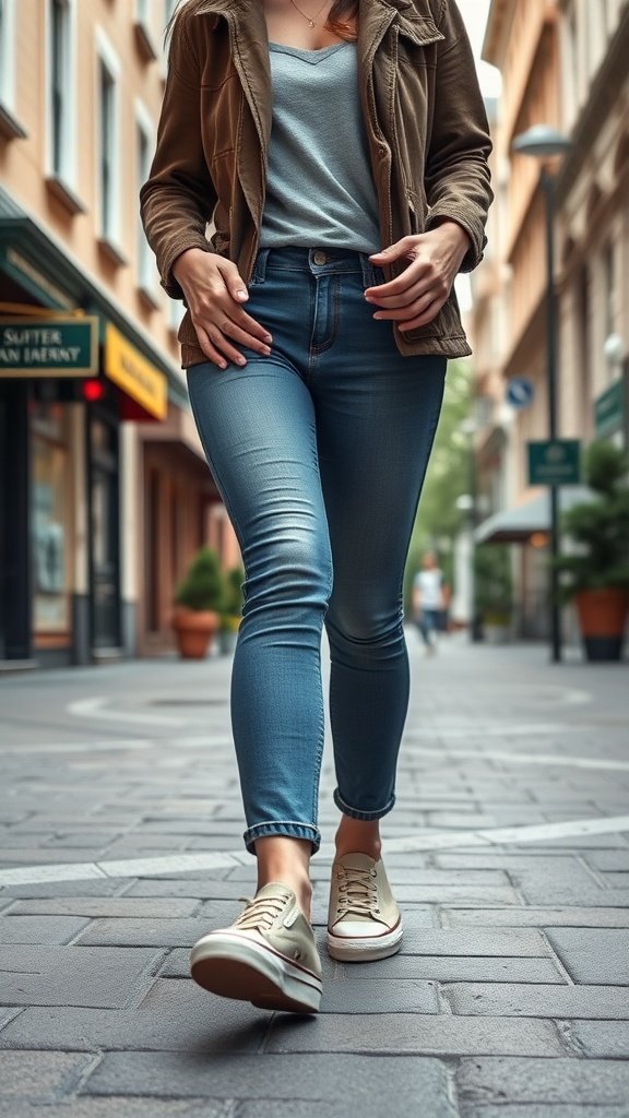 Uma pessoa caminhando com uma roupa casual, incluindo tênis, jeans e uma jaqueta.