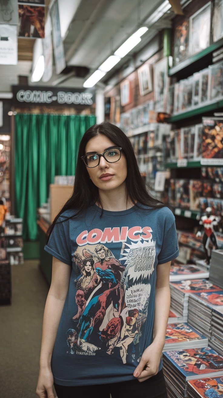 Una mujer vistiendo una camiseta con un gráfico de temática de cómic en una tienda de cómics.
