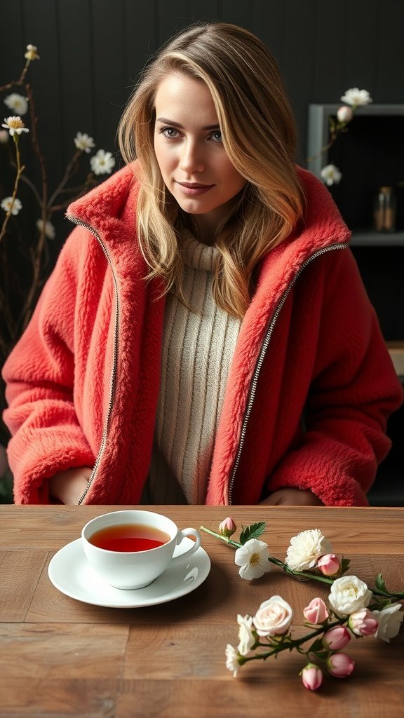 Una mujer que lleva una chaqueta forrada de polar coral, sentada en una mesa con una taza de té y flores.