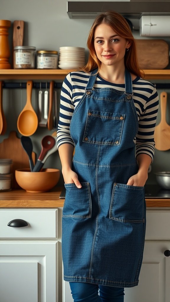 Una mujer sonríe mientras usa un delantal de mezclilla en una cocina acogedora.