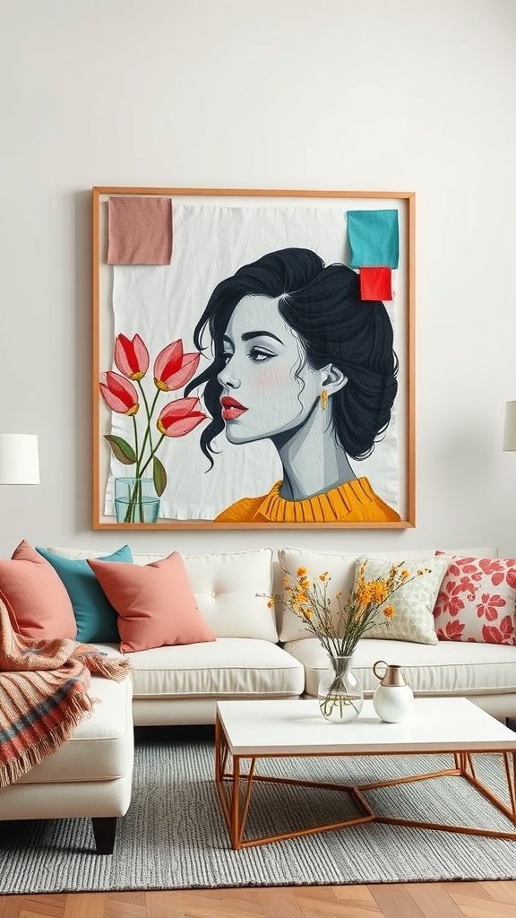 Una elegante pieza de arte de pared creada a partir de ropa vieja, que presenta un retrato de mujer rodeado de retazos de tela de colores.
