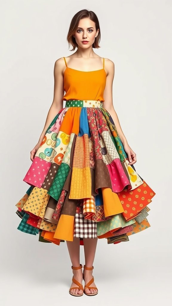Una falda de patchwork colorida colgada en una cuerda, mostrando varios patrones de tela.