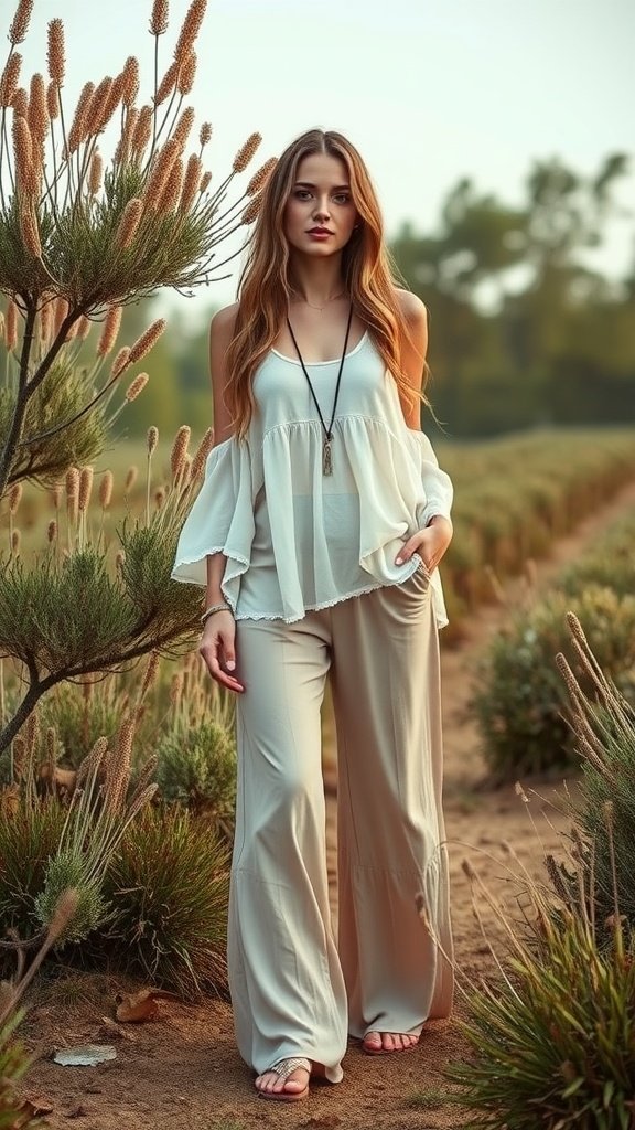 Uma mulher em um traje boho chique, parada em um campo, vestindo uma blusa solta e calças largas.