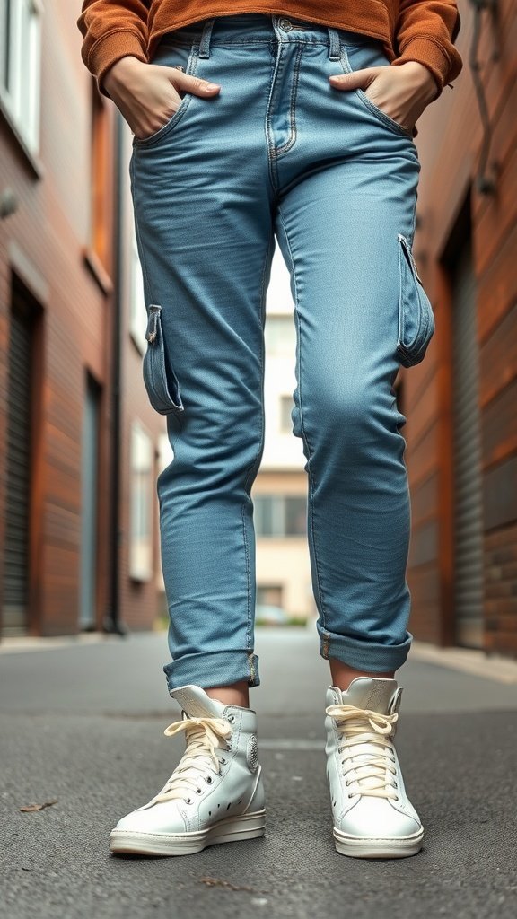 Uma visão de perto de uma pessoa usando tênis de cano alto e calça jeans cargo.