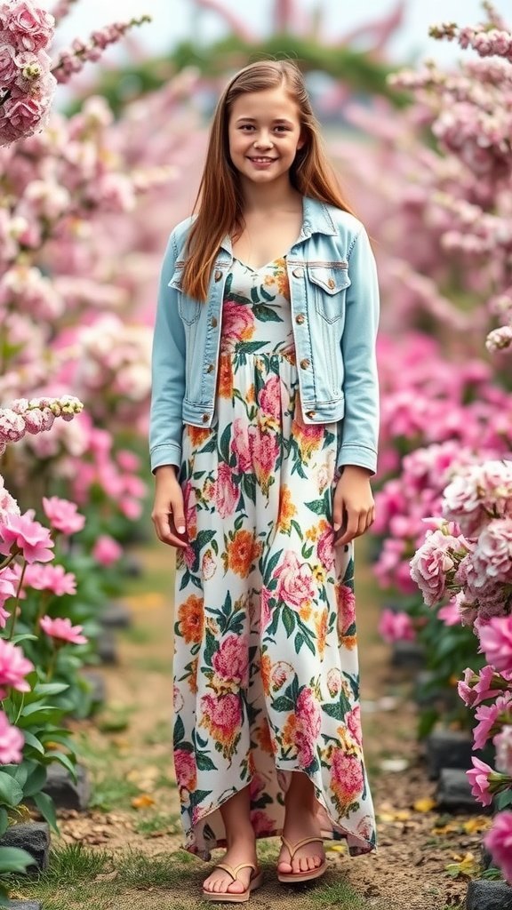 Chica adolescente con un vestido largo con estampado floral y una chaqueta vaquera