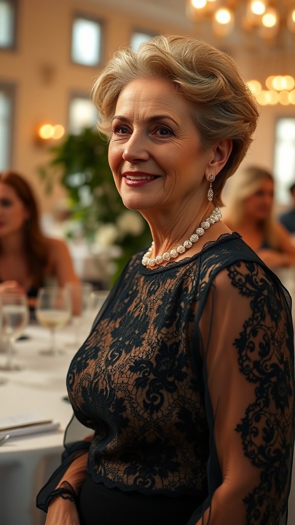 Uma mulher elegantemente vestida com detalhes de renda em sua roupa, exibindo feminilidade e estilo.