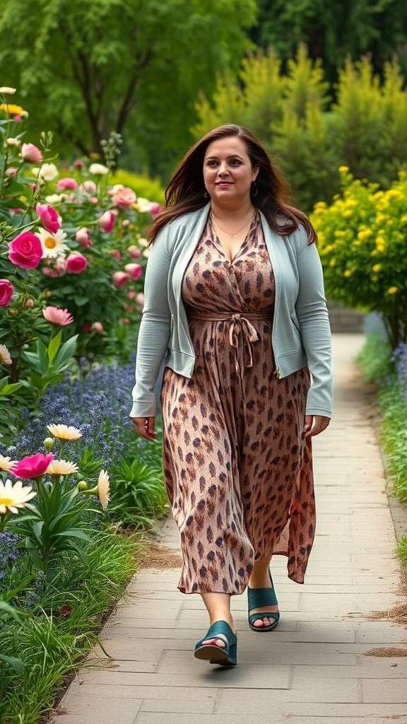 Una mujer de talla grande caminando por un jardín vibrante con un vestido fluido y una chaqueta ligera de primavera.