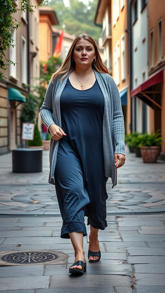 Mulher caminhando com uma roupa em camadas, composta por um vestido tipo camiseta e um cardigã.