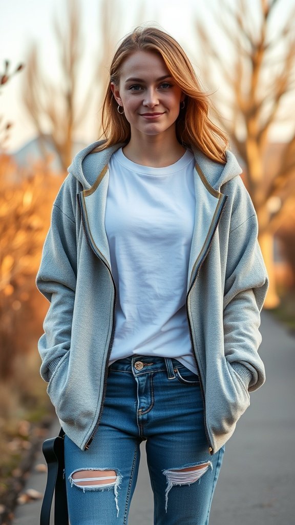 Uma jovem vestindo uma camiseta branca e um moletom azul claro com jeans rasgado, em pé ao ar livre.
