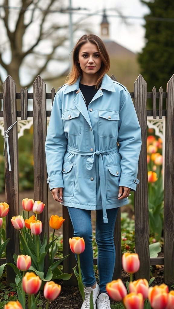 Una mujer que viste una chaqueta utilitaria de color azul claro se encuentra en un jardín lleno de tulipanes coloridos.