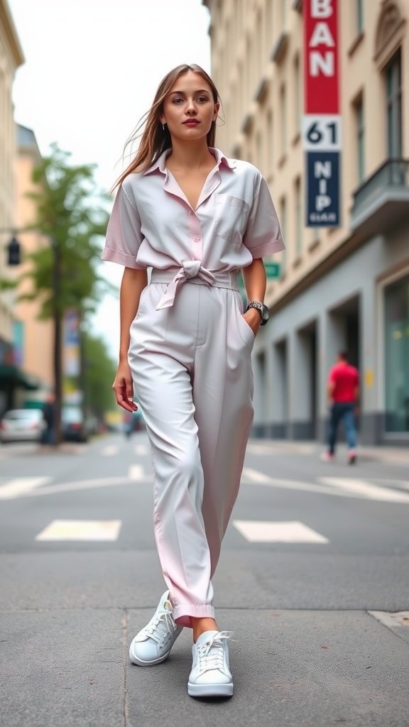 Una adolescente caminando con un mono color pastel y zapatillas blancas en una calle de la ciudad.