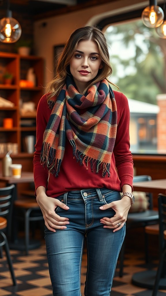 Uma mulher usando um cachecol estampado, um suéter vermelho e jeans, posando em um café aconchegante.