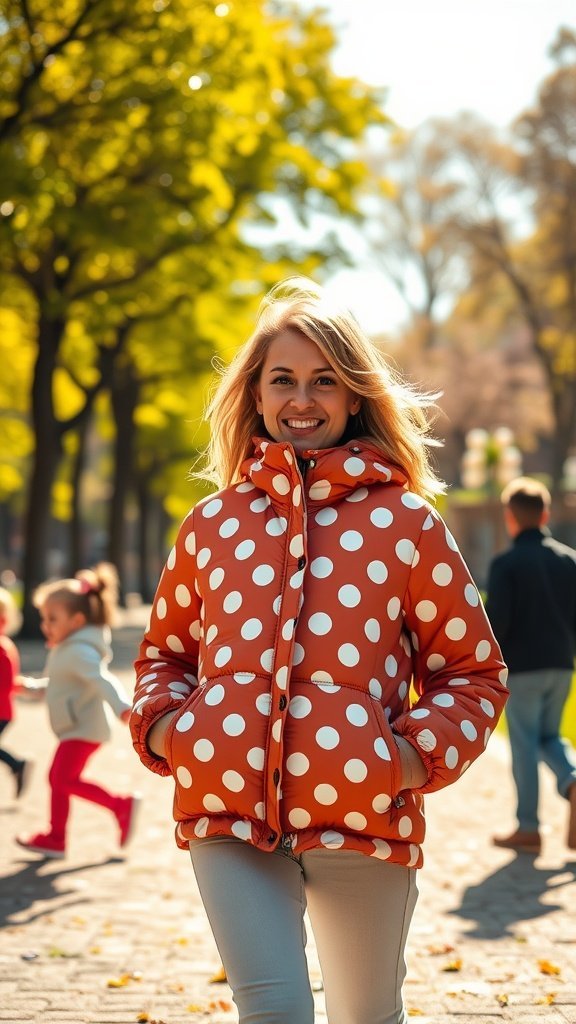 Una mujer sonriente vistiendo una chaqueta acolchada de lunares al aire libre.