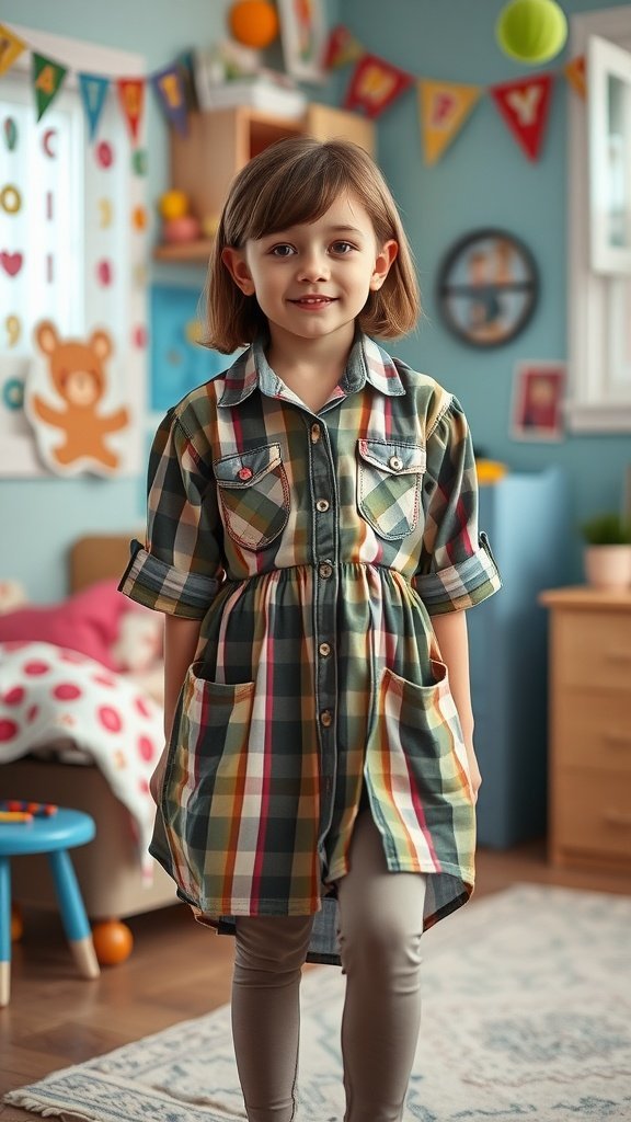 Una joven que lleva una camisa reciclada transformada en un vestido, sonriendo en una habitación colorida.