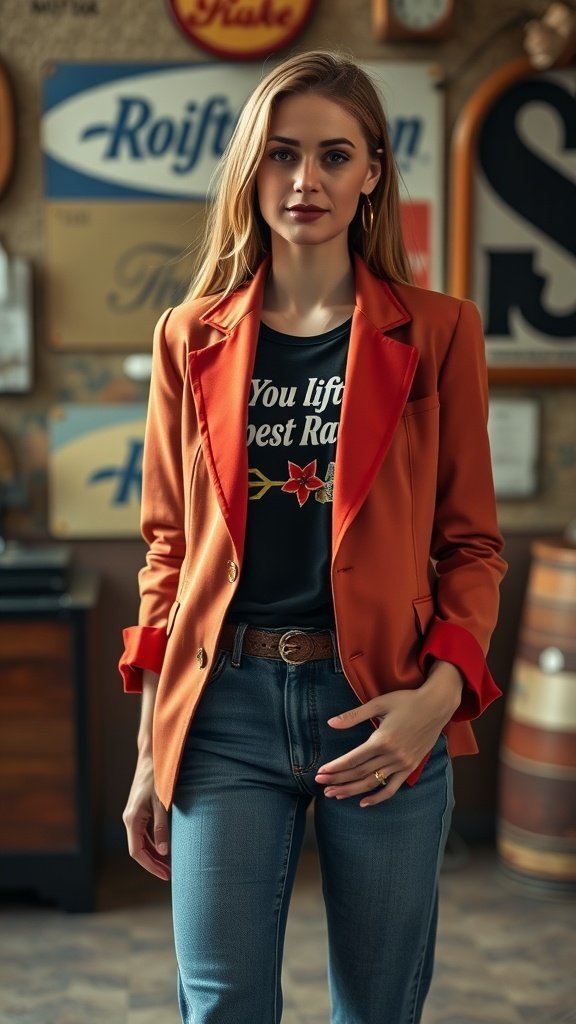 Uma mulher vestindo um blazer e jeans de inspiração retrô, exibindo um visual estiloso.