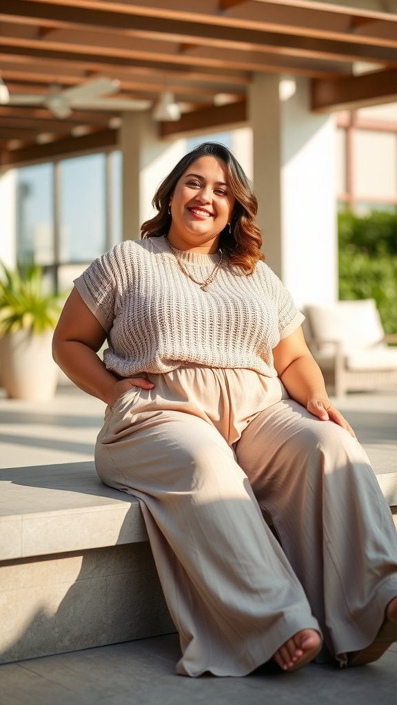 Una mujer sonríe mientras viste un top de punto suave y pantalones palazzo sueltos, sentada en un entorno soleado al aire libre.