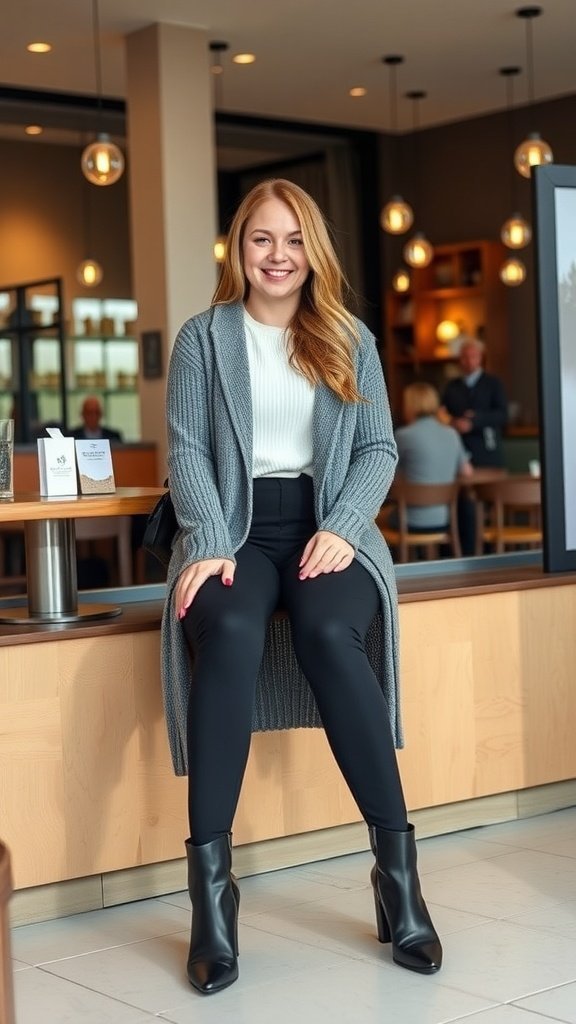 Uma mulher sentada em um café vestindo leggings pretas, um longo cardigã cinza e botas de cano baixo.